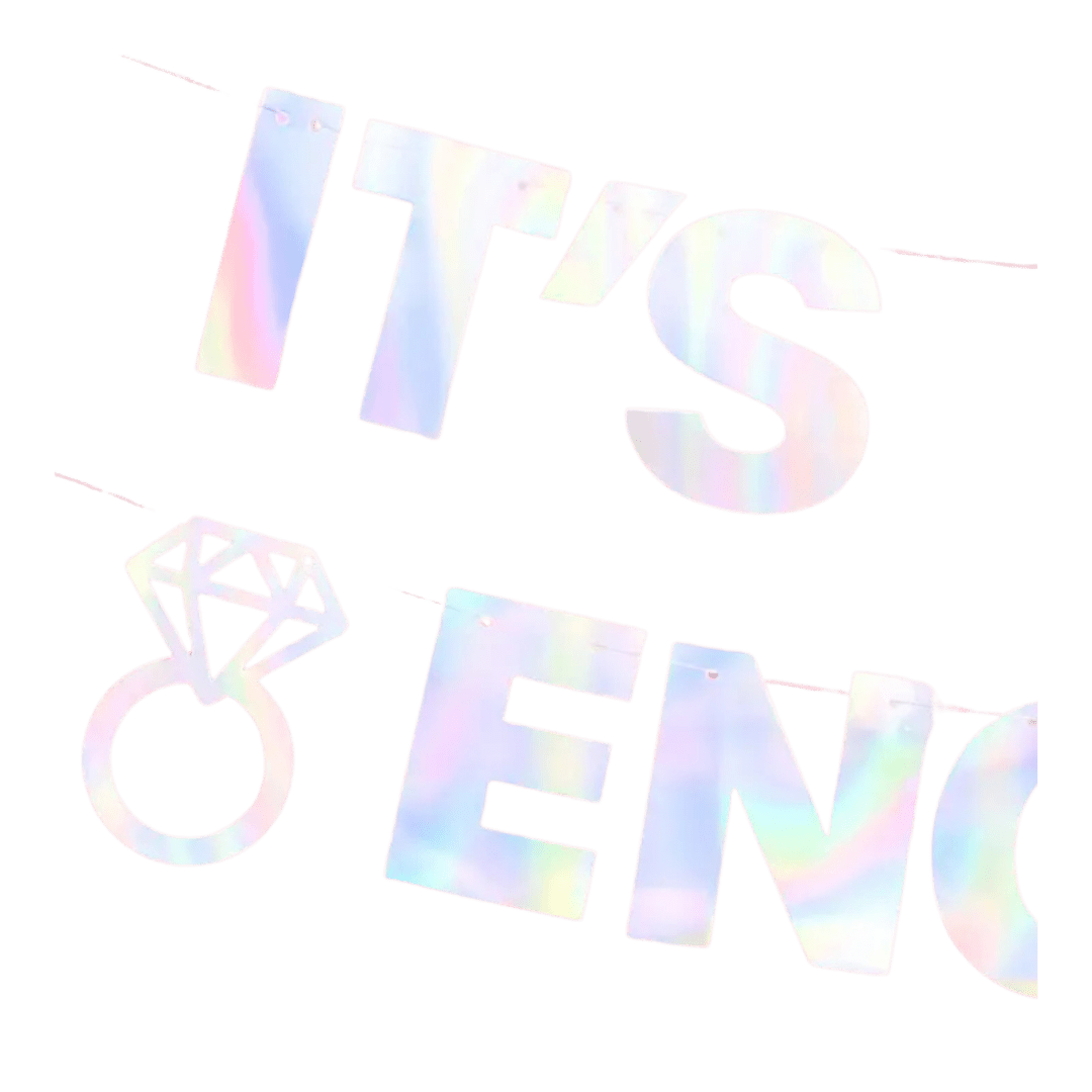 iridescent engagement banner with diamond ring shape for bridal shower from Parte Haus party supply store in Bethesda MD