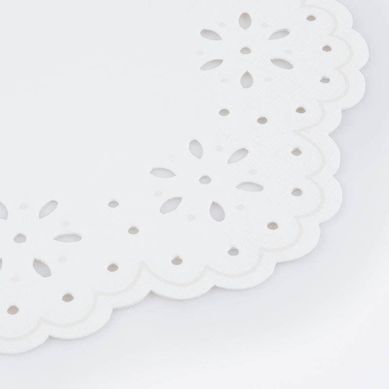 White paper doily with floral cutout edges for celebrations from Parte Haus party supply store in Bethesda MD