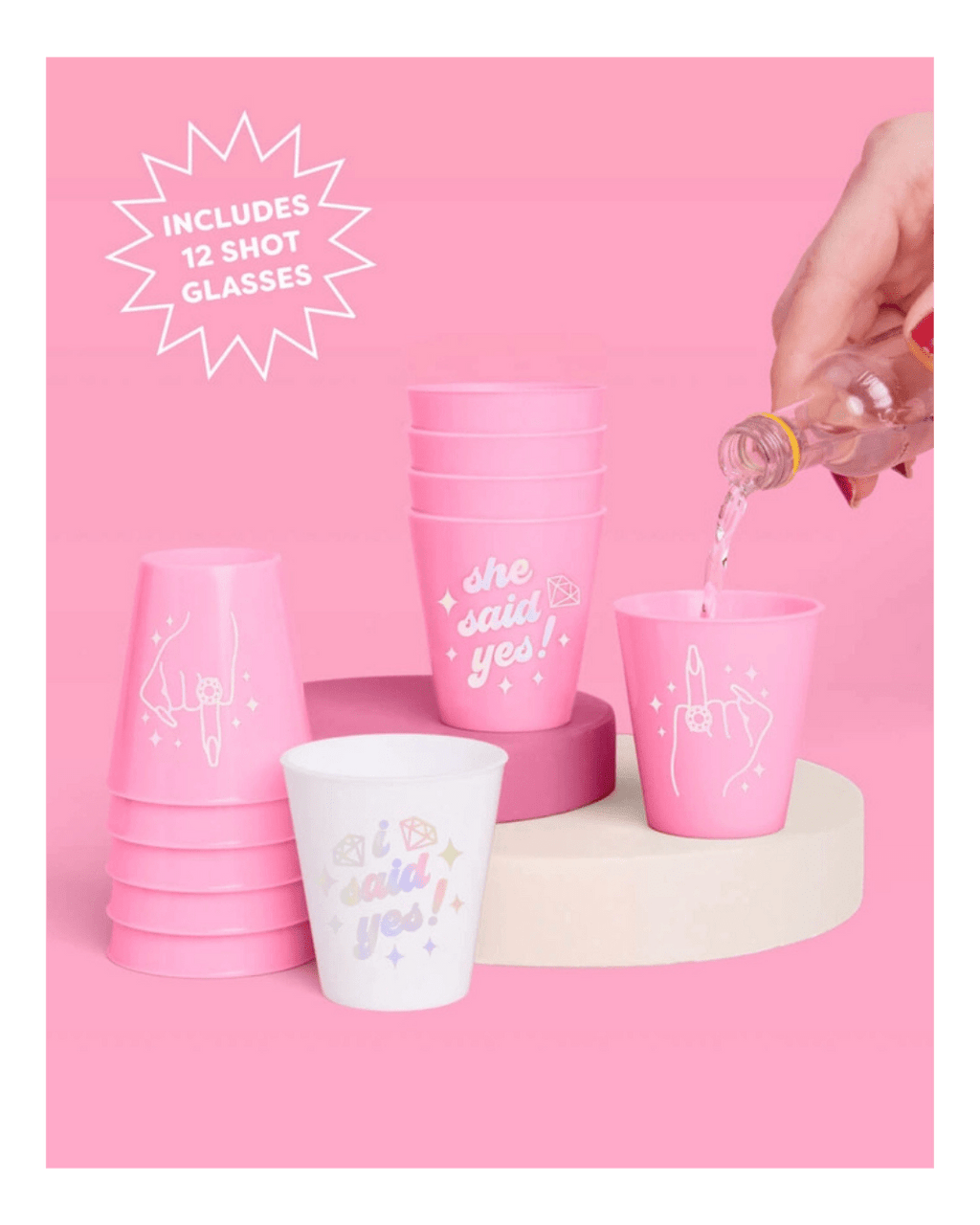 Pink and white shot glasses with engagement designs bridal party theme from Parte Haus party supply store in Bethesda MD.