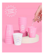 Pink and white shot glasses with engagement designs bridal party theme from Parte Haus party supply store in Bethesda MD.
