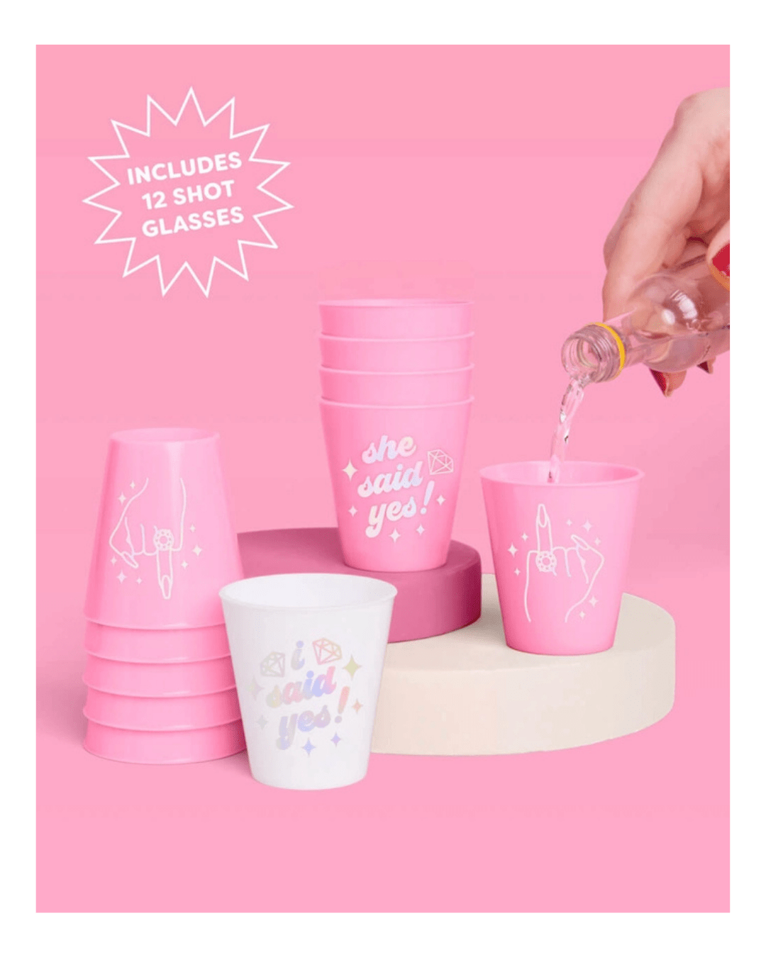Pink and white shot glasses with engagement designs bridal party theme from Parte Haus party supply store in Bethesda MD.