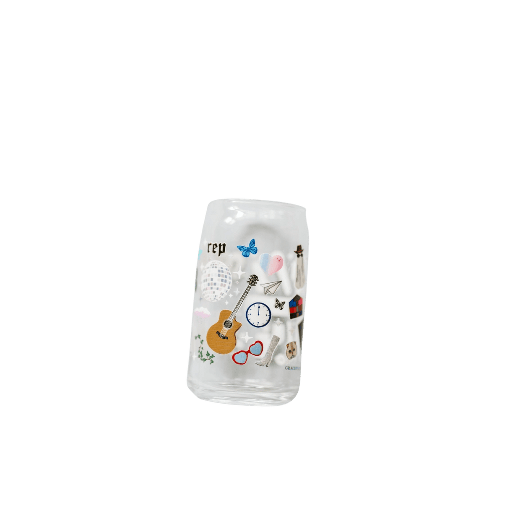 Clear glass cup with colorful sticker designs music celebration theme from Parte Haus party supply store in Bethesda MD