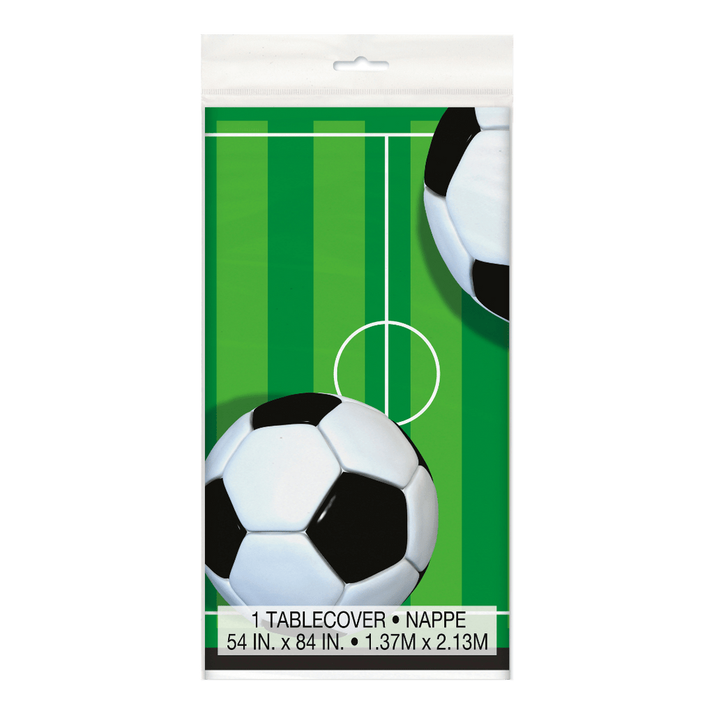 Green soccer field table cover with black and white soccer balls sports theme from Parte Haus party supply store in Bethesda Maryland