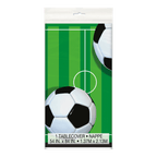 Green soccer field table cover with black and white soccer balls sports theme from Parte Haus party supply store in Bethesda Maryland