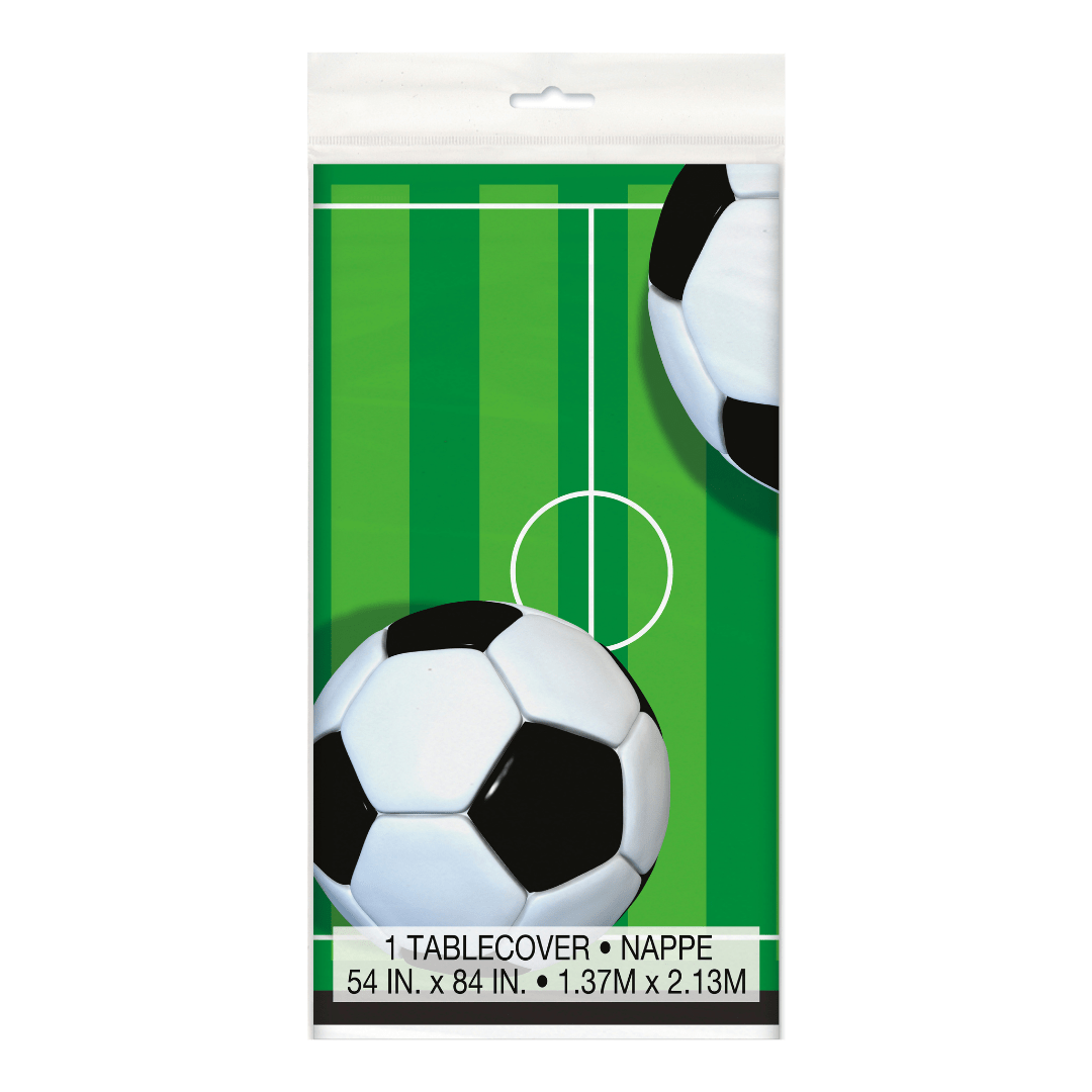 Green soccer field table cover with black and white soccer balls sports theme from Parte Haus party supply store in Bethesda Maryland