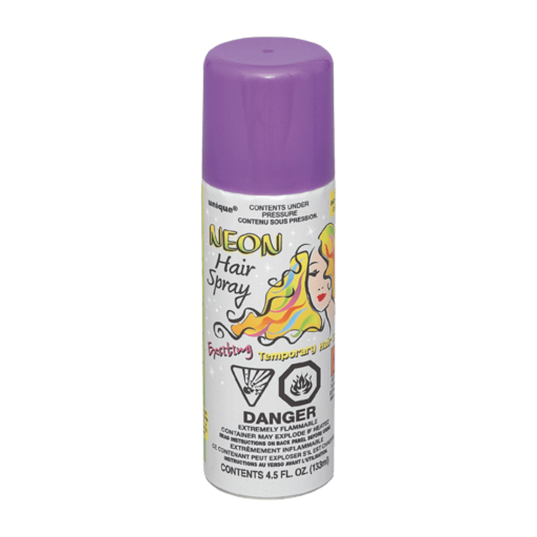 Purple neon hair spray can with illustrated woman for costume use from Parte Haus party supply store in Bethesda Maryland