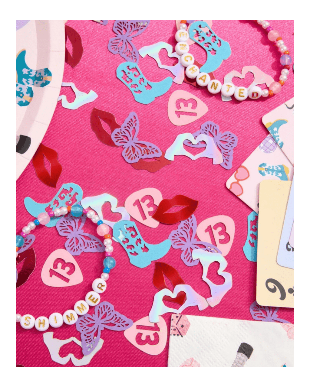 Pink and blue confetti and beaded bracelets birthday theme from Parte Haus party supply store in Bethesda MD