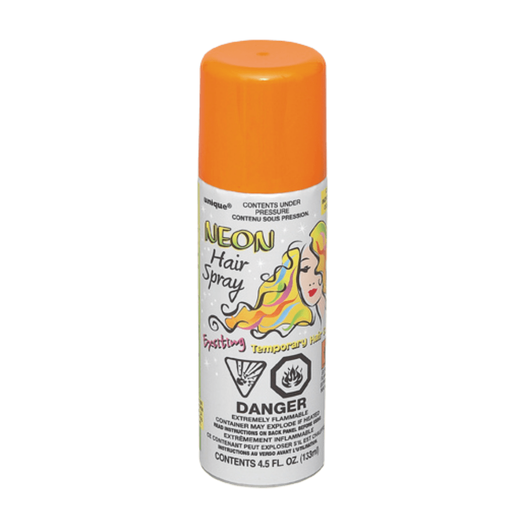 Neon orange hair spray can with colorful label for costume celebrations from Parte Haus party supply store in Bethesda MD.