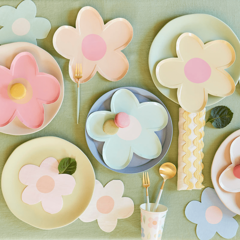 Pastel flower-shaped plates and cups for spring birthday theme from Parte Haus party supply store in Bethesda MD