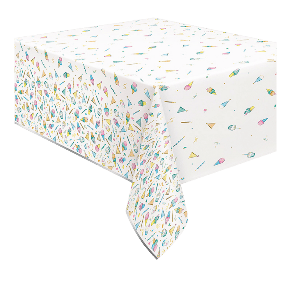 Pastel confetti tablecloth with party icons birthday theme from Parte Haus party supply store in Bethesda MD