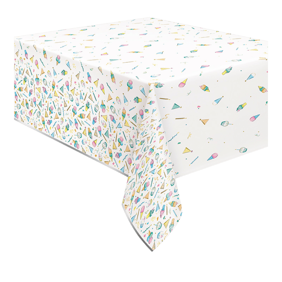 Pastel confetti tablecloth with party icons birthday theme from Parte Haus party supply store in Bethesda MD