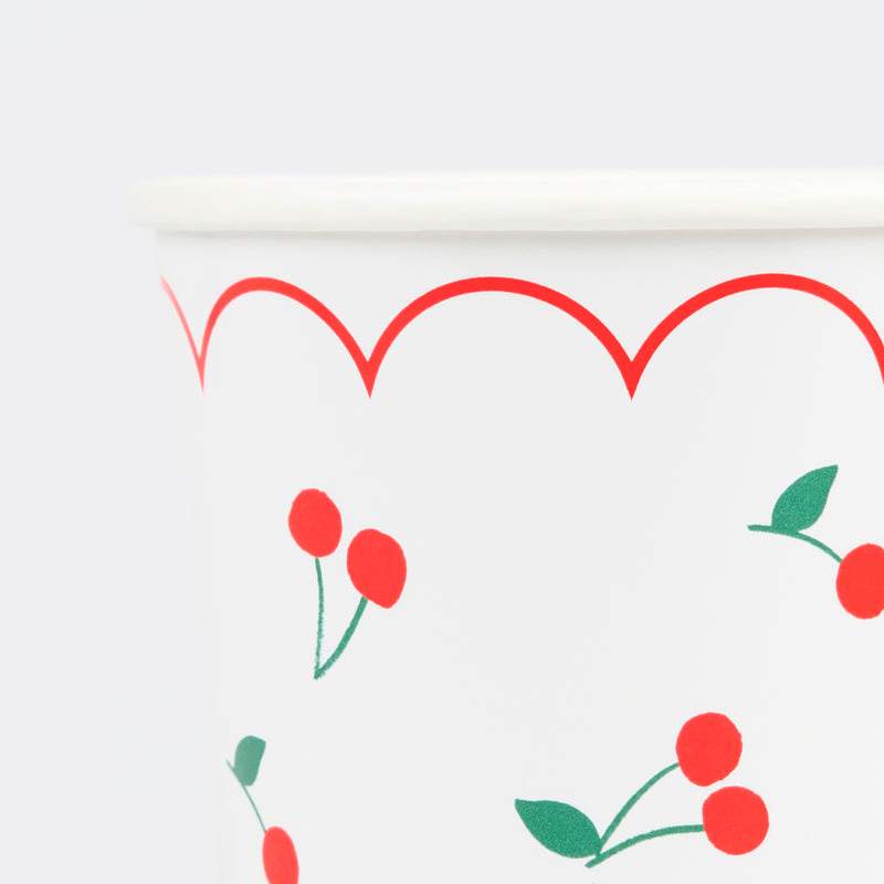 Red white paper cup with cherry pattern and scalloped edge summer theme from Parte Haus party supply store in Bethesda MD.