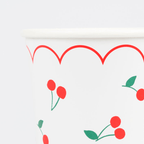 Red white paper cup with cherry pattern and scalloped edge summer theme from Parte Haus party supply store in Bethesda MD.