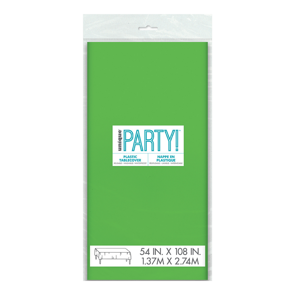Green plastic tablecover in packaging for birthday from Parte Haus party supply store in Bethesda Maryland