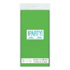Green plastic tablecover in packaging for birthday from Parte Haus party supply store in Bethesda Maryland
