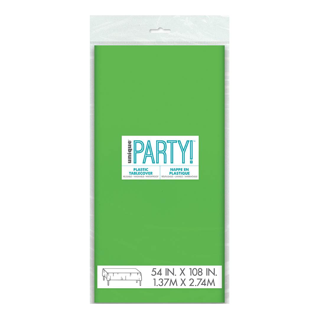 Green plastic tablecover in packaging for birthday from Parte Haus party supply store in Bethesda Maryland