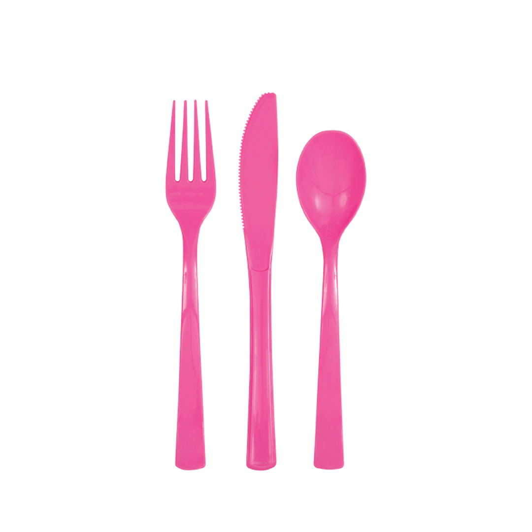 Pink plastic cutlery set fork knife spoon for birthday from Parte Haus party supply store in Bethesda MD