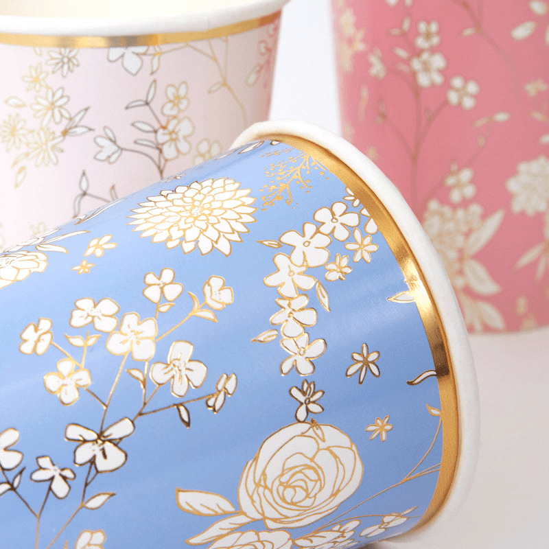 Blue pink and light pink paper cups with gold floral pattern for birthday or spring from Parte Haus party supply store in Bethesda Maryland