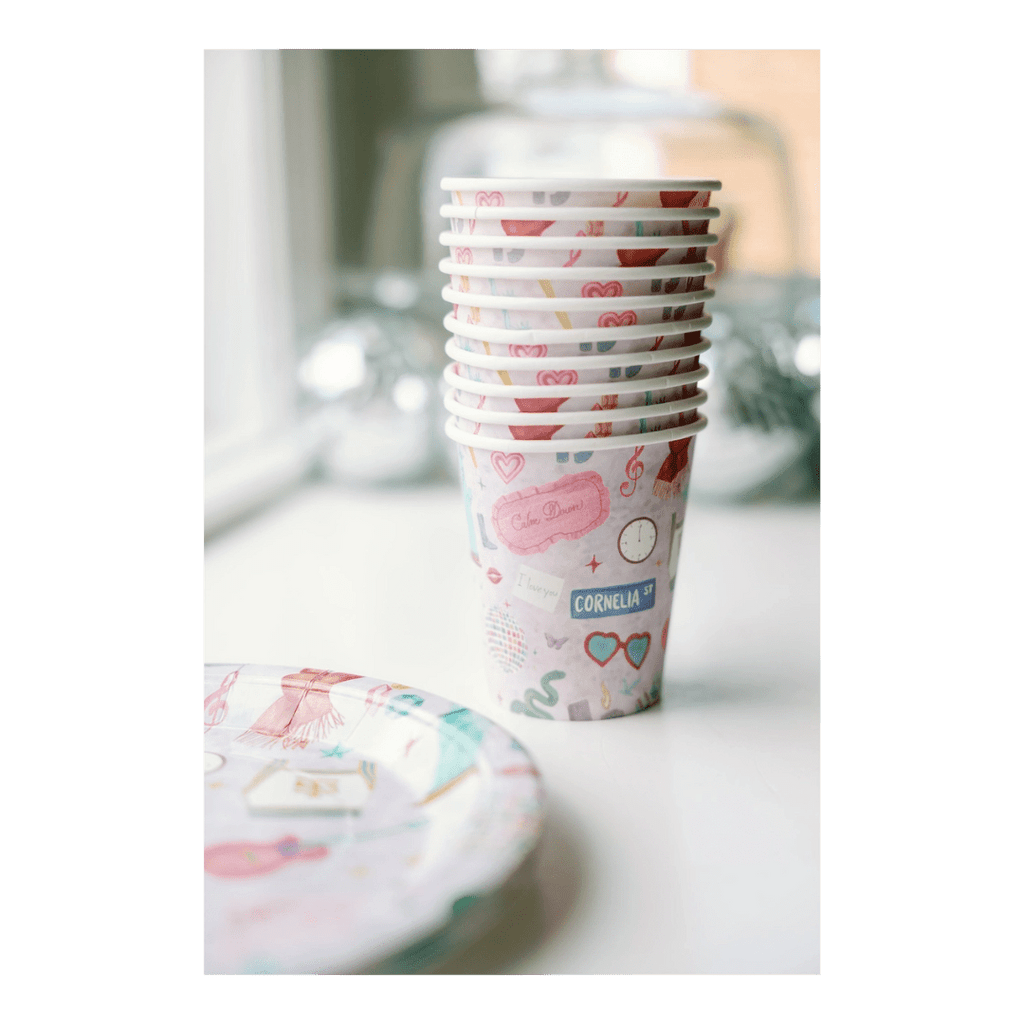 Colorful paper cups with cute heart and love themed designs for celebration from Parte Haus party supply store in Bethesda MD