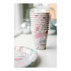 Colorful paper cups with cute heart and love themed designs for celebration from Parte Haus party supply store in Bethesda MD