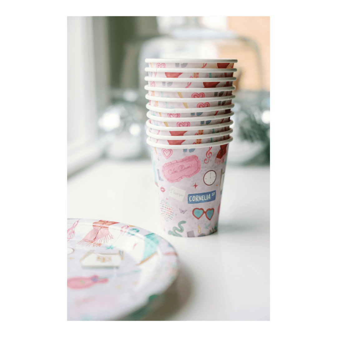 Colorful paper cups with cute heart and love themed designs for celebration from Parte Haus party supply store in Bethesda MD
