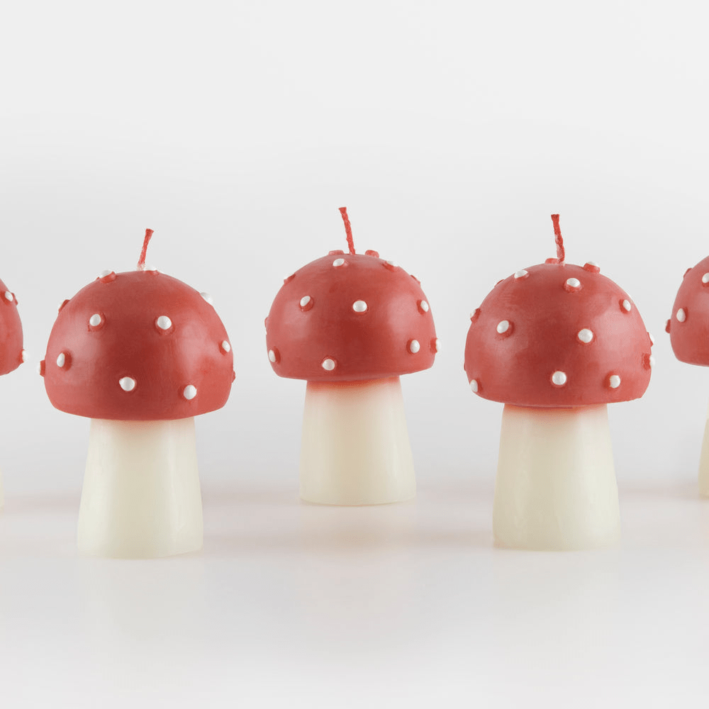 Red mushroom shaped candle whimsical decor from Parte Haus party supply store in Bethesda Maryland