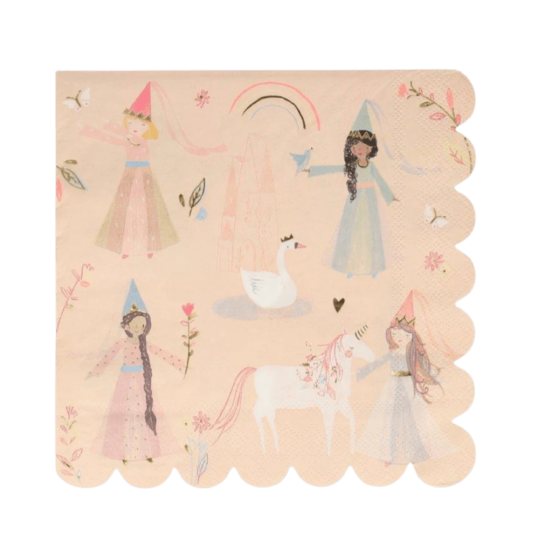 Pastel princess napkin with fairy tale castle unicorn and swan birthday theme from Parte Haus party supply store in Bethesda Maryland