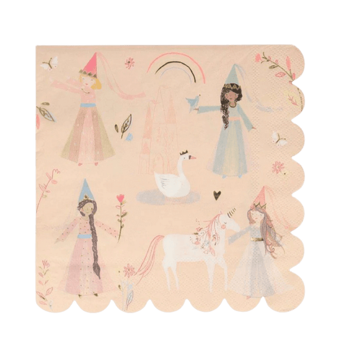 Pastel princess napkin with fairy tale castle unicorn and swan birthday theme from Parte Haus party supply store in Bethesda Maryland