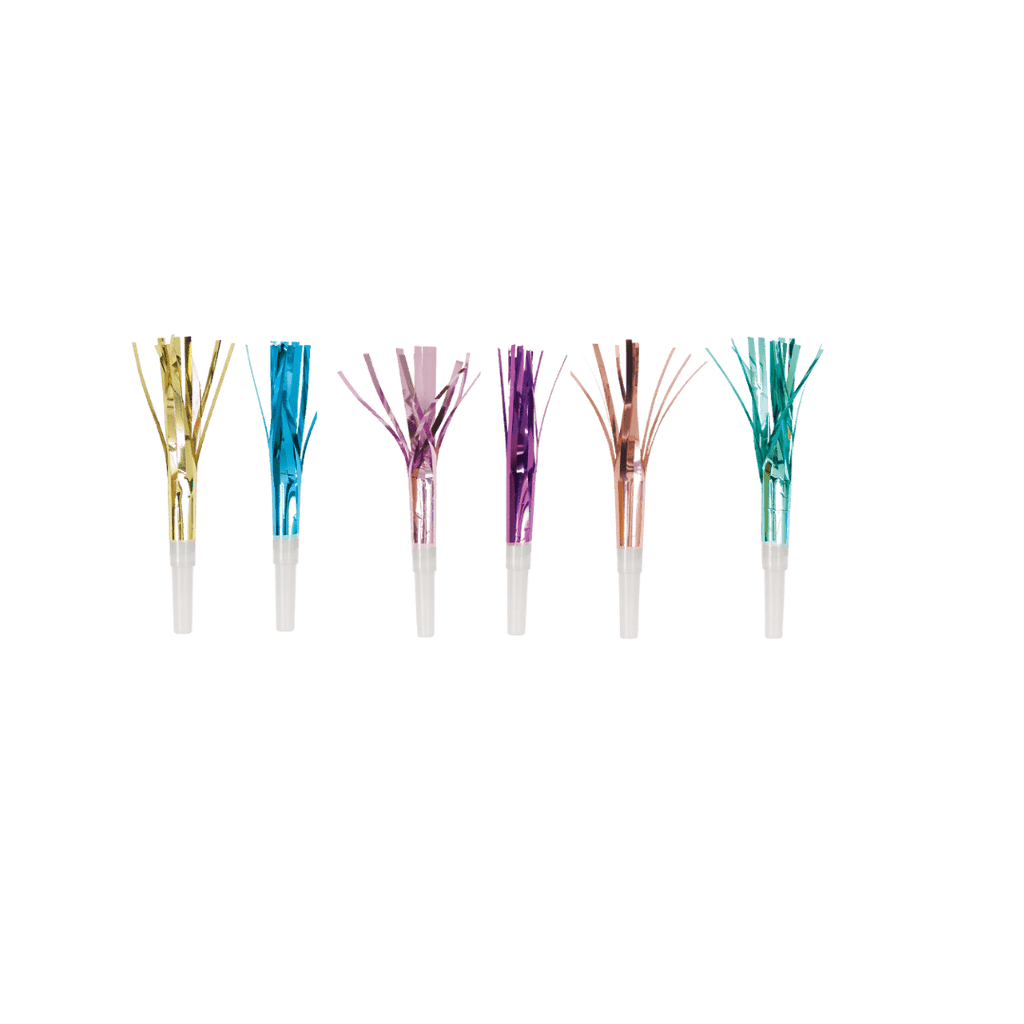 Metallic colorful noisemakers shiny fringe blowers for celebration from Parte Haus party supply store in Bethesda MD