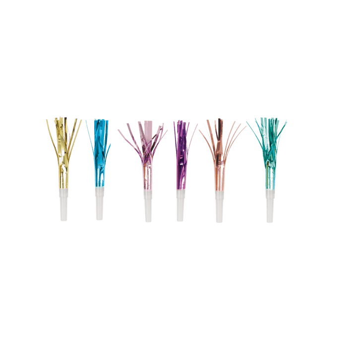 Metallic colorful noisemakers shiny fringe blowers for celebration from Parte Haus party supply store in Bethesda MD
