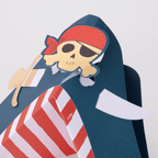 Red and navy blue pirate themed card with skull illustration kids birthday from Parte Haus party supply store in Bethesda MD