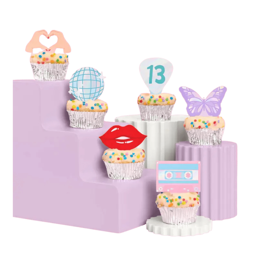 Colorful birthday cupcake toppers with playful shapes and icons for birthday from Parte Haus party supply store in Bethesda, MD.