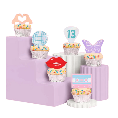 Colorful birthday cupcake toppers with playful shapes and icons for birthday from Parte Haus party supply store in Bethesda, MD.
