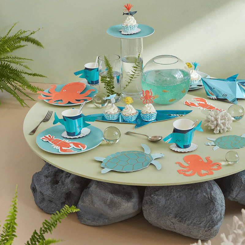 Blue sea animal theme tableware with octopus and turtle shapes ocean birthday from Parte Haus party supply store in Bethesda Maryland