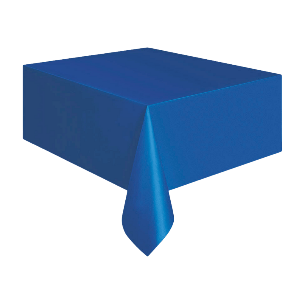 Royal blue table cover solid plastic rectangle for birthdays from Parte Haus party supply store in Bethesda MD.
