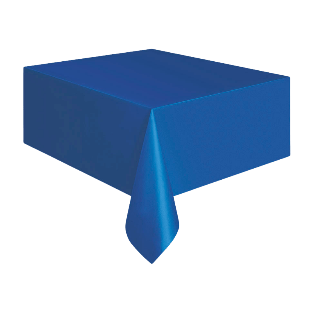 Royal blue table cover solid plastic rectangle for birthdays from Parte Haus party supply store in Bethesda MD.