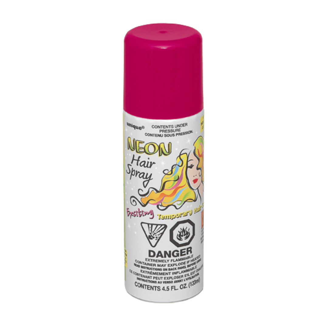 Pink neon hair spray can with colorful illustrated hair for costume events from Parte Haus party supply store in Bethesda Maryland