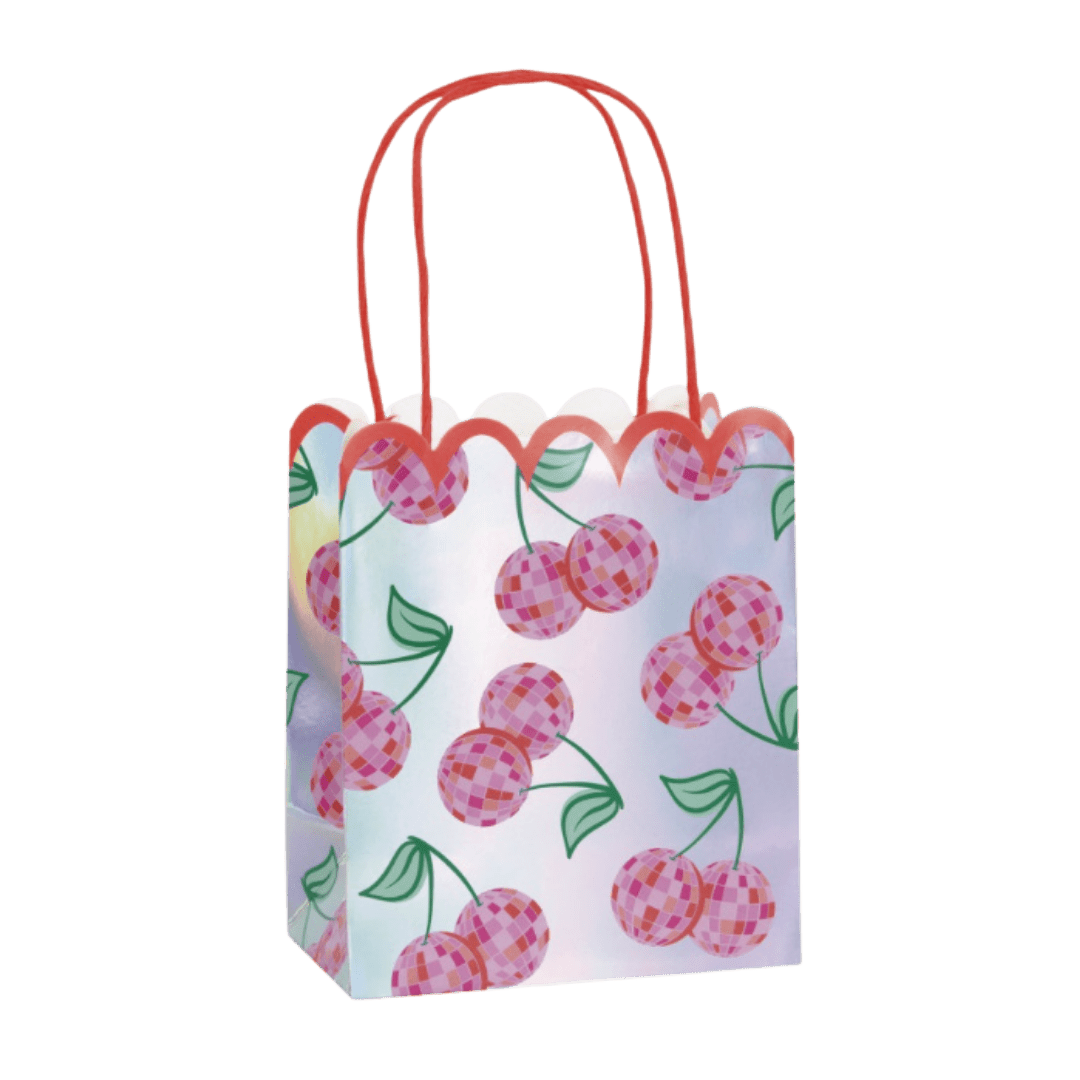 Holographic cherry gift bag with pink handles for birthday from Parte Haus party supply store in Bethesda MD.