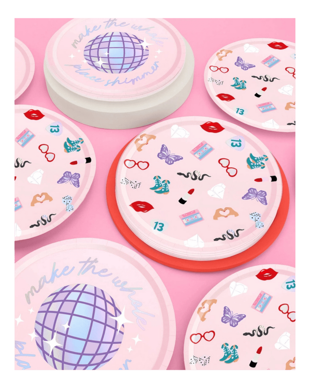 Pink disco themed paper plates with retro icons for celebration from Parte Haus party supply store in Bethesda MD