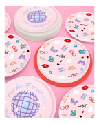 Pink disco themed paper plates with retro icons for celebration from Parte Haus party supply store in Bethesda MD