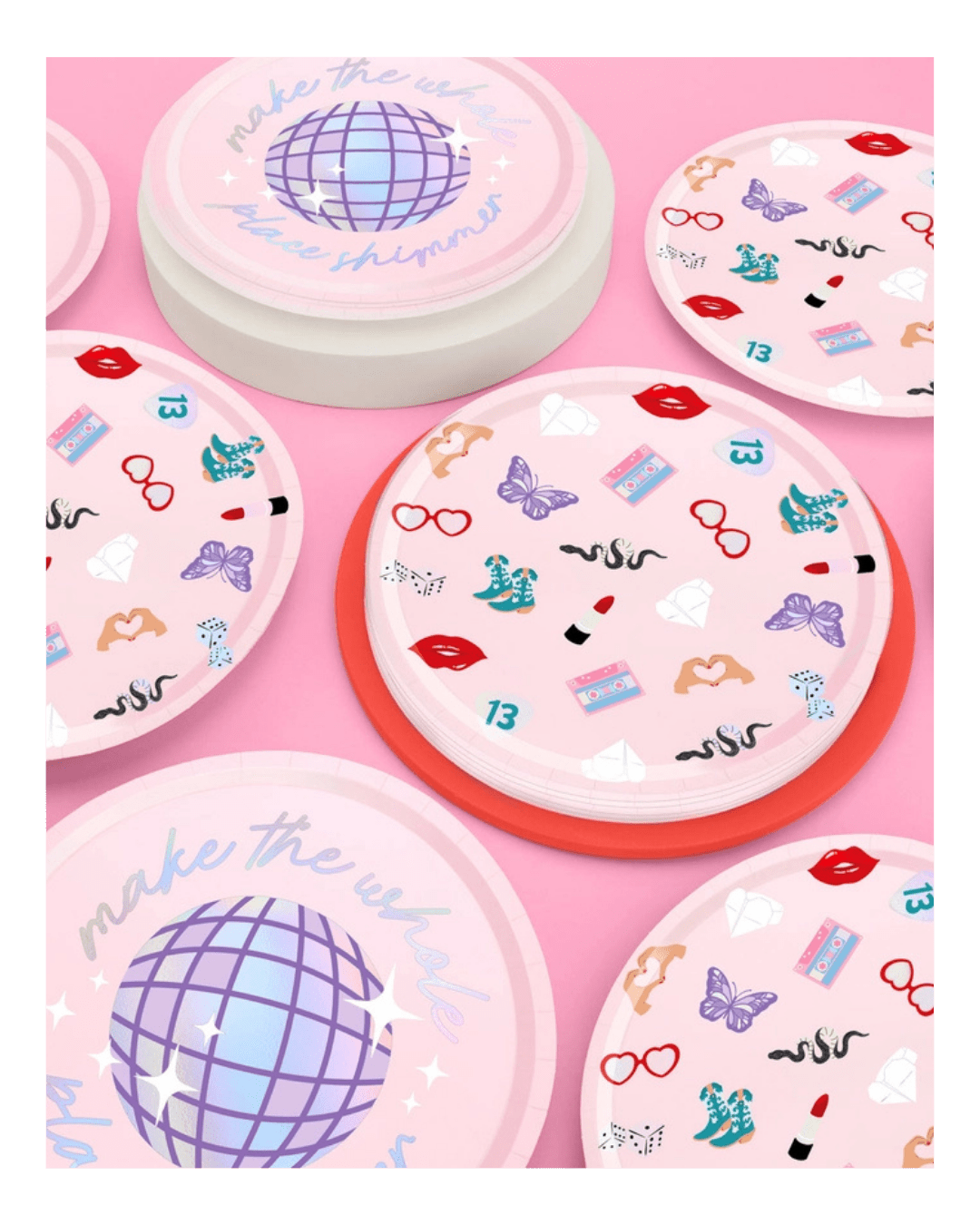 Pink disco themed paper plates with retro icons for celebration from Parte Haus party supply store in Bethesda MD