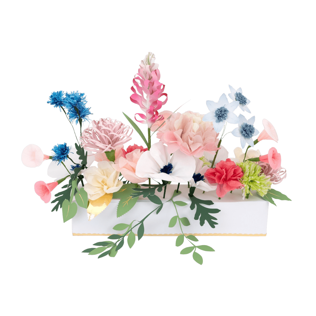 Pastel floral centerpiece paper flower arrangement spring theme from Parte Haus party supply store in Bethesda Maryland