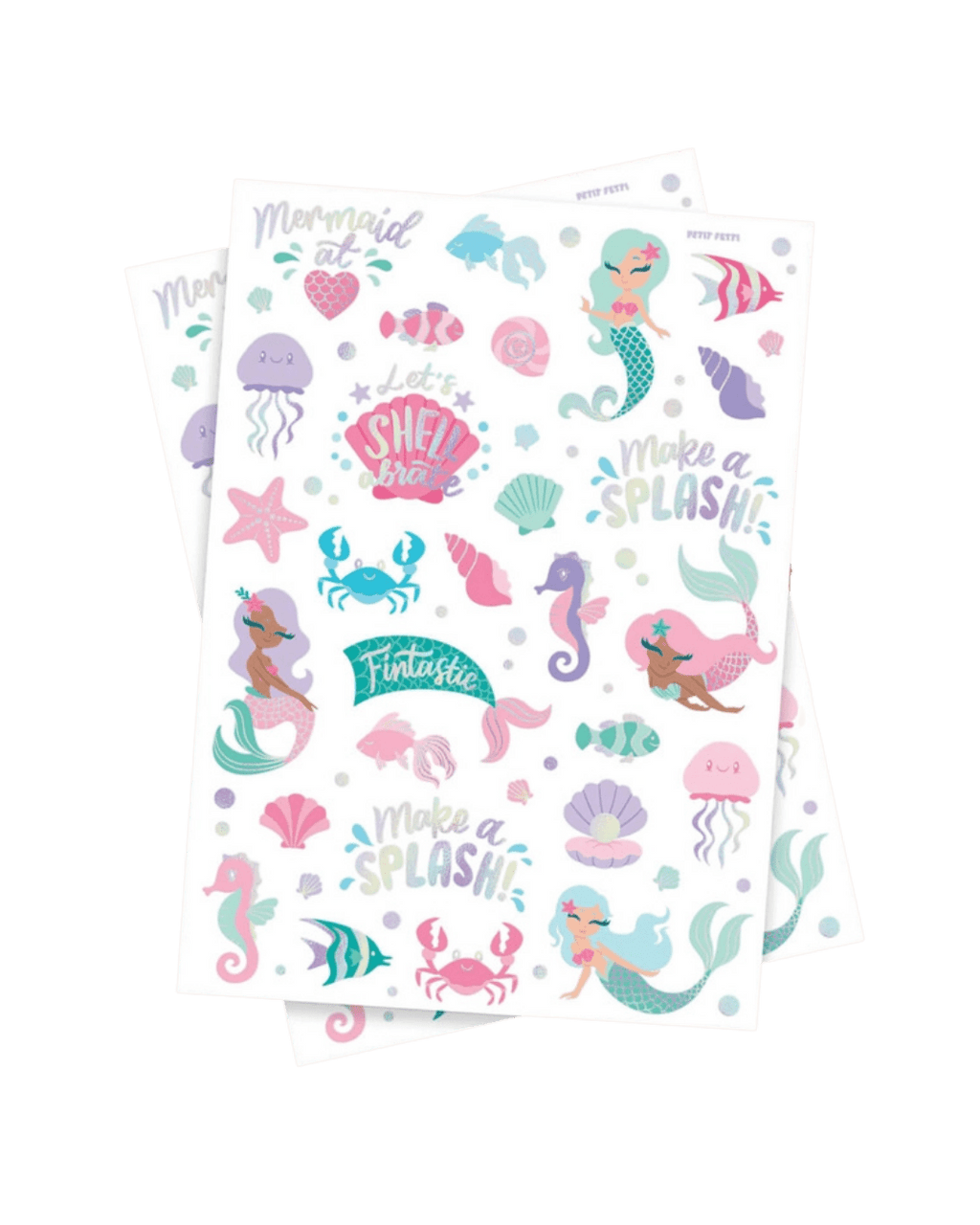 Pastel mermaid sticker sheet with sea creatures under the sea birthday from Parte Haus party supply store in Bethesda Maryland