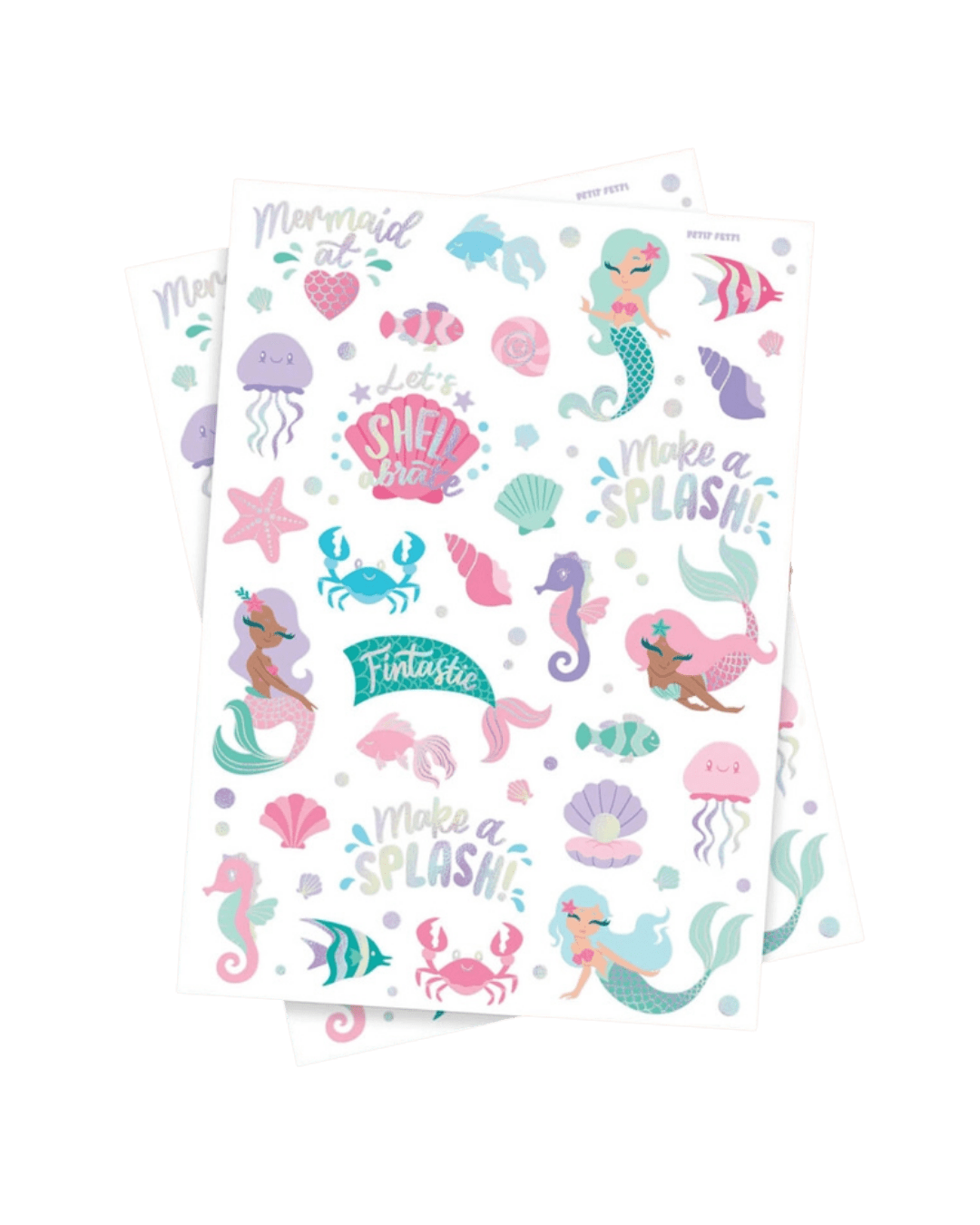 Pastel mermaid sticker sheet with sea creatures under the sea birthday from Parte Haus party supply store in Bethesda Maryland