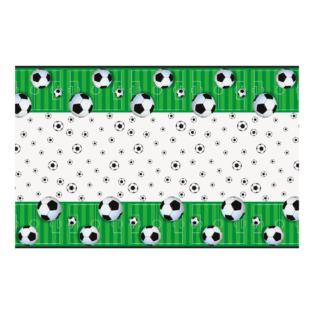 Green and white soccer table cover with soccer balls sports birthday theme from Parte Haus party supply store in Bethesda MD