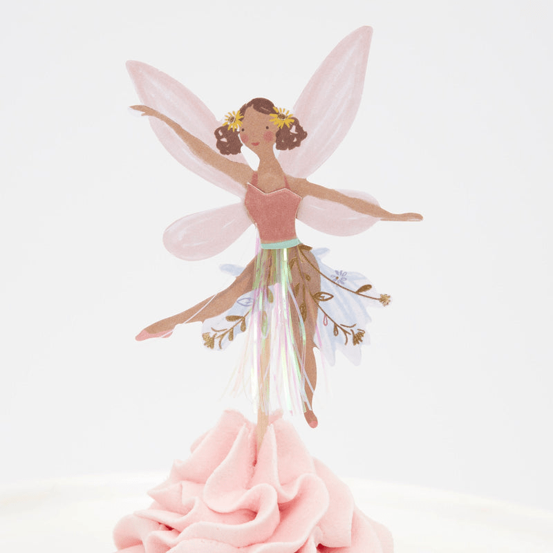 Pink fairy cupcake topper with floral skirt for birthday from Parte Haus party supply store in Bethesda Maryland