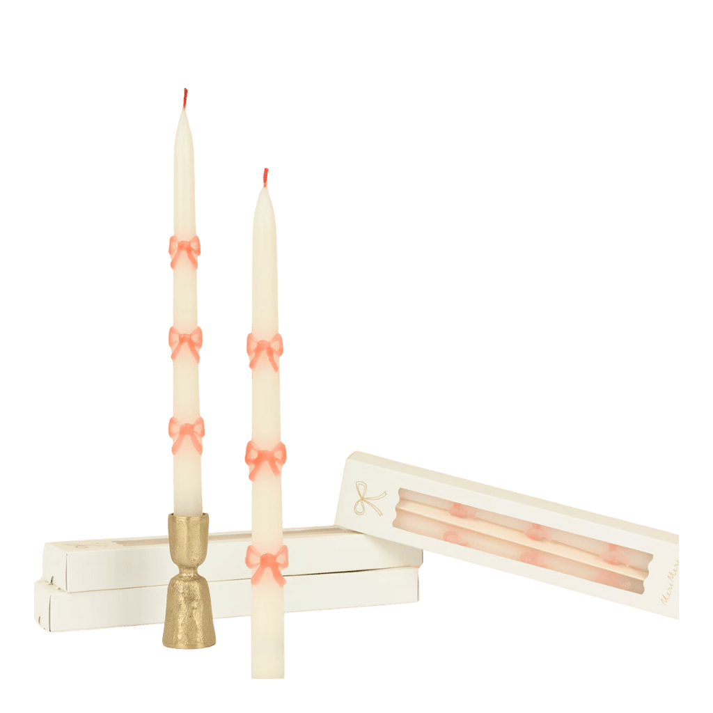 Ivory pink bow taper candles elegant decor from Parte Haus party supply store in Bethesda Maryland