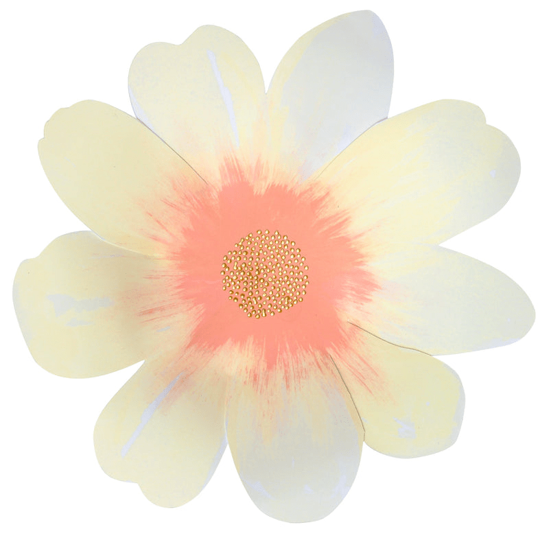 Pastel yellow flower shaped plate with pink center for spring from Parte Haus party supply store in Bethesda Maryland