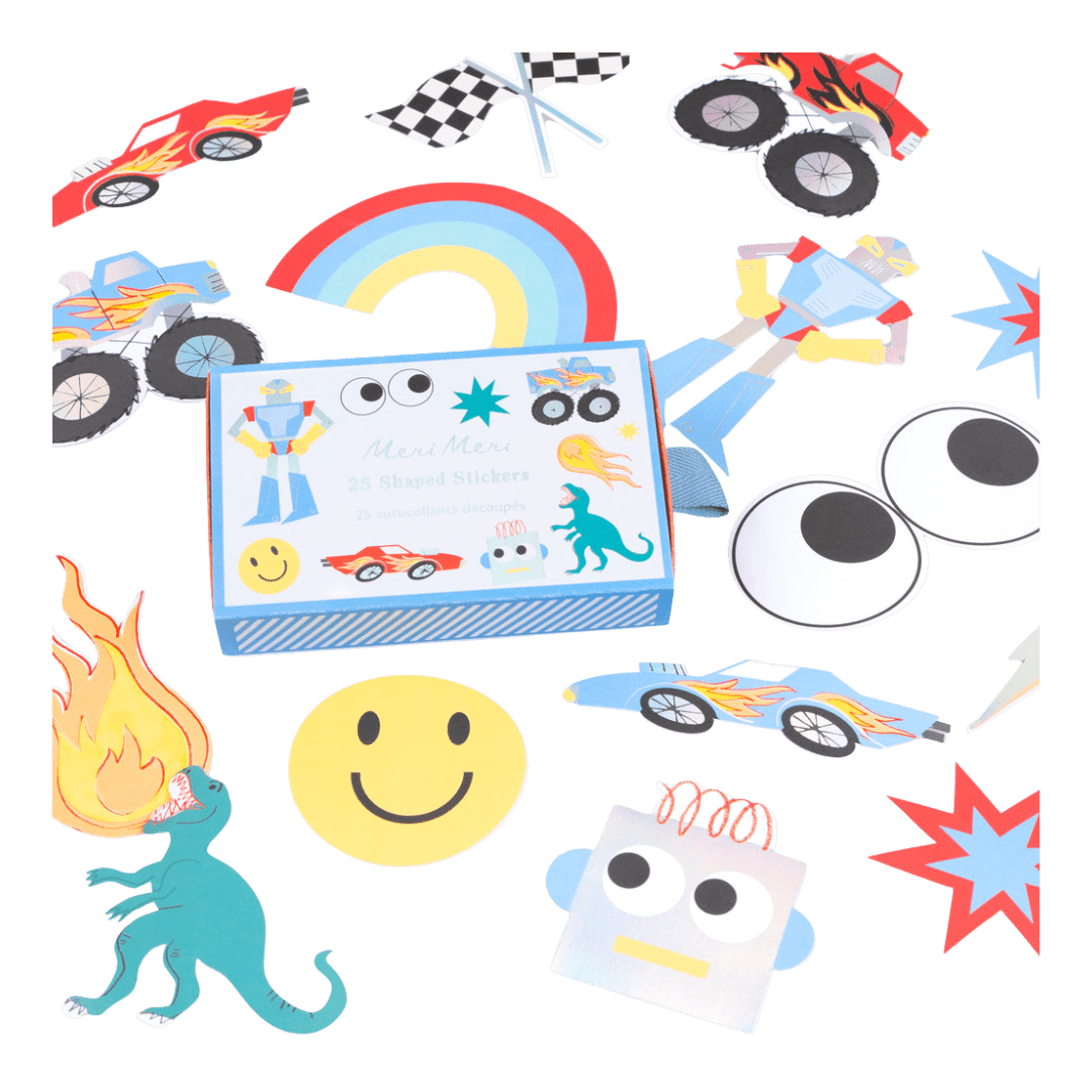 Colorful shaped sticker set with cars dinosaur rainbow and robot birthday theme from Parte Haus party supply store in Bethesda MD