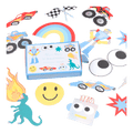 Colorful shaped sticker set with cars dinosaur rainbow and robot birthday theme from Parte Haus party supply store in Bethesda MD